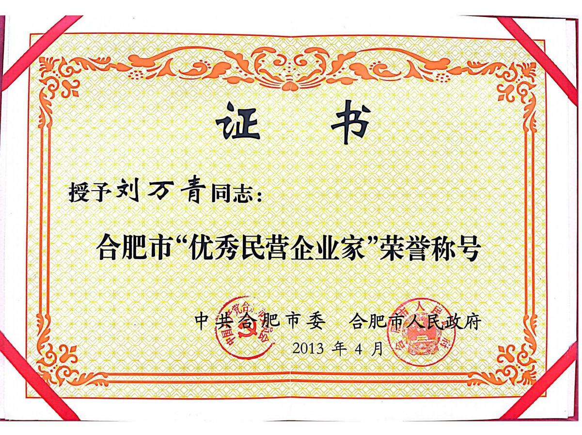 董事長劉萬青被合肥市委、合肥市人民政府授予“合肥市優(yōu)秀民營企業(yè)家”榮譽(yù)稱號
